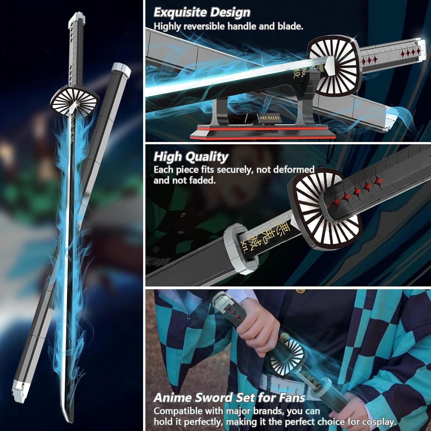 Demon Anime Sword, 39.3in Tanjirou Sword Building Set with Scabbard and Stand, Cosplay Anime Katana Sword Building Blocks