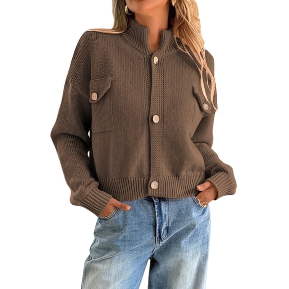 Cardigan for Women Trendy Button Up Sweater Jackets Mock Neck Long Sleeve Loose Fit Chunky Knit Outwear Coats Brown XL