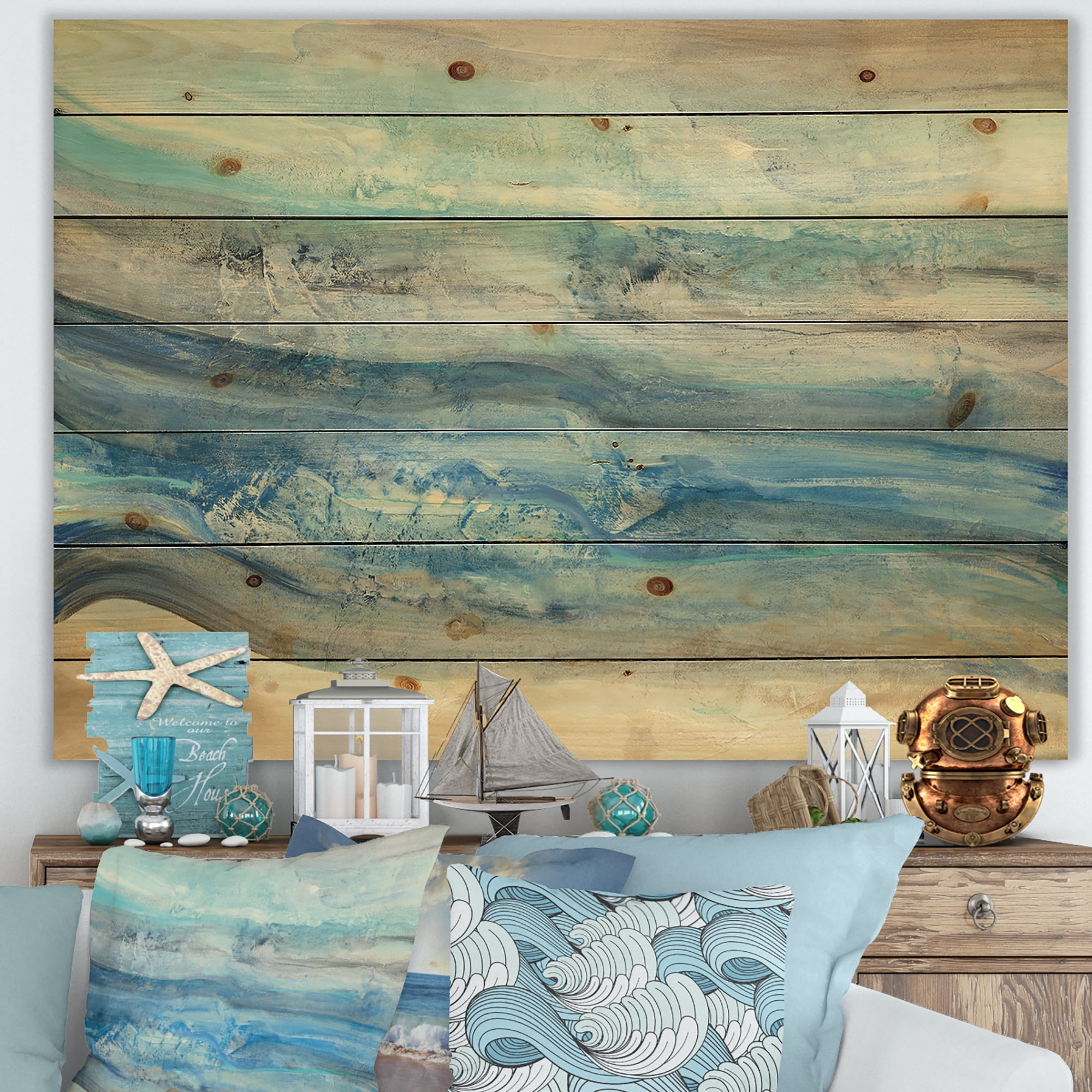 Designart 'Ocean Mineral Waves' Nautical & Coastal Print on Natural Pine Wood