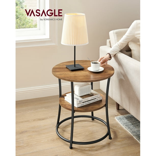 VASAGLE Mesa Auxiliar, Mesa Auxiliar con 2 Estantes, Mesa Redonda Pequeña para Salón, Dormitorio, Industrial, Marrón Nogal y Negro