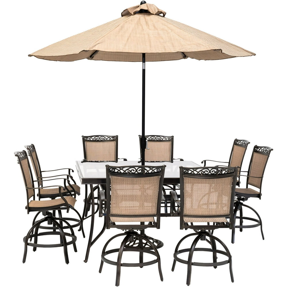 Hanover Fontana 9-Piece Counter-Height Outdoor Dining Set with 8 Sling Swivel Chairs, 60-In 