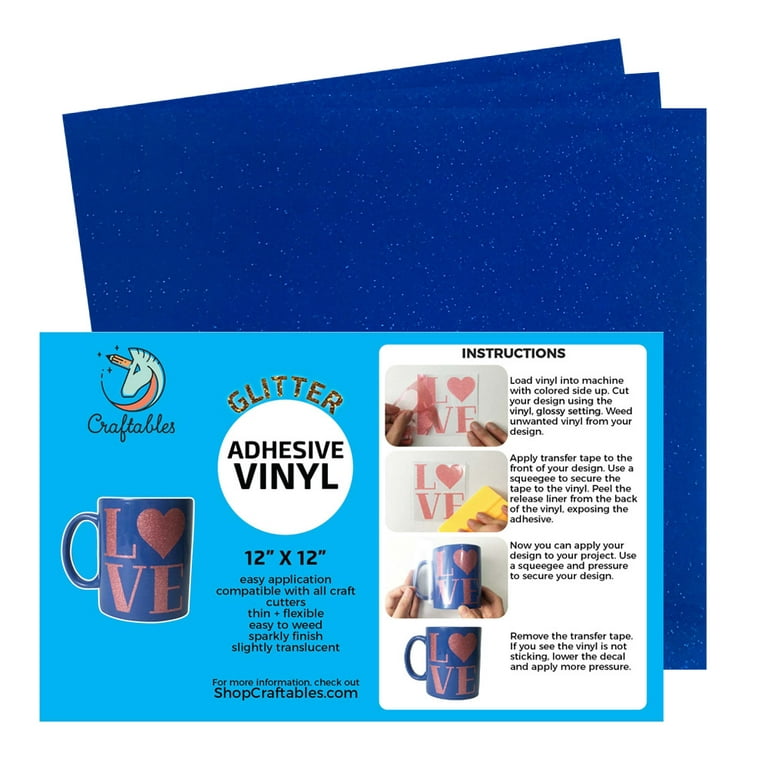 Craftables Blue Glitter Adhesive Vinyl for Cricut, Silhouette Cameo, and Craft Cutters - (3) 12in x 12in Sheets