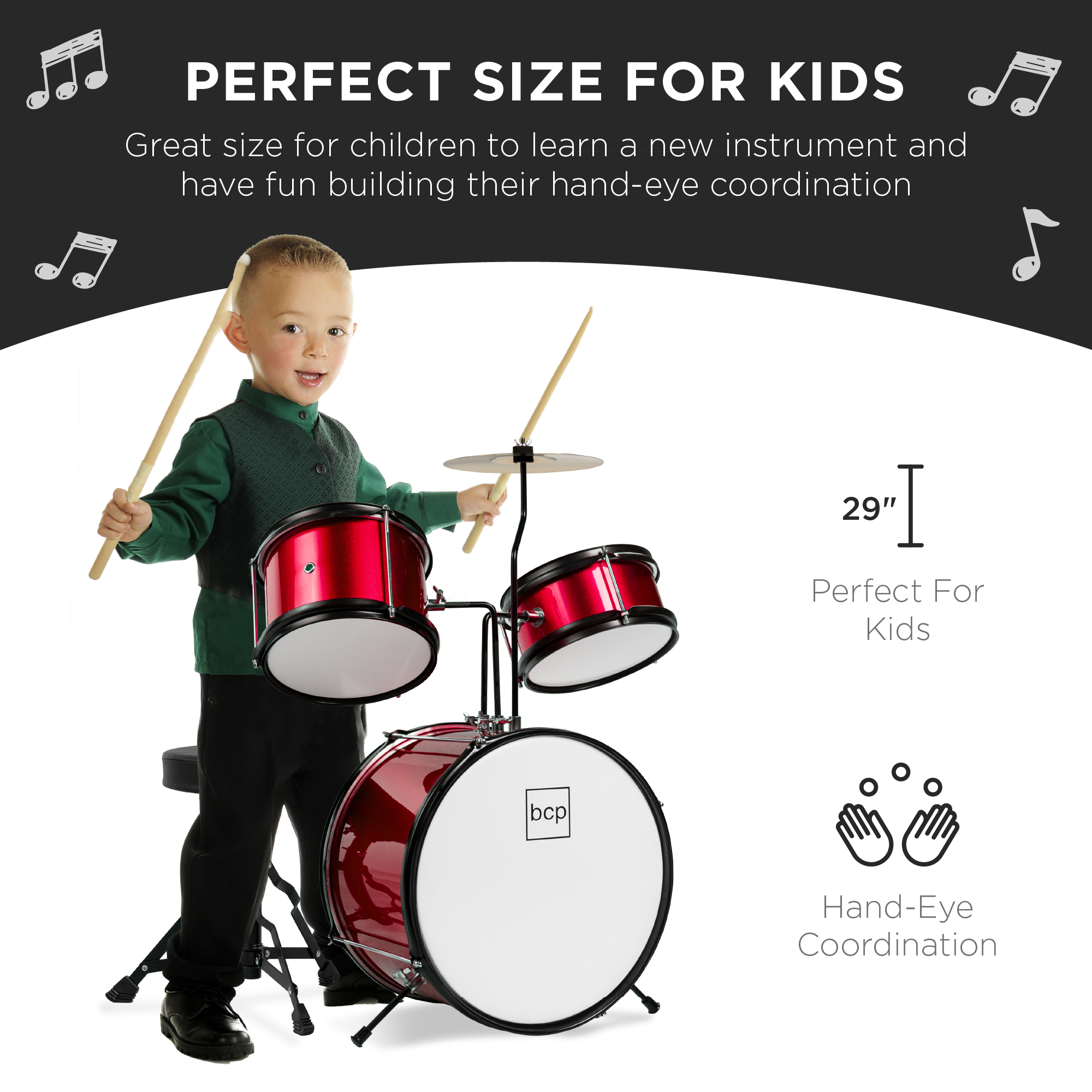 Best Choice Products Kids Beginner 3-Piece Drum, Musical Instrument Set w/ Sticks, Cushioned Stool, Drum Pedal - Red - image 2 of 6