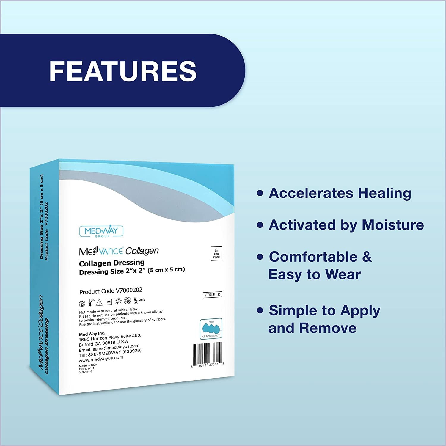 MedVance Collagen Dressing Pads, Box of 5 dressings (2"x2")