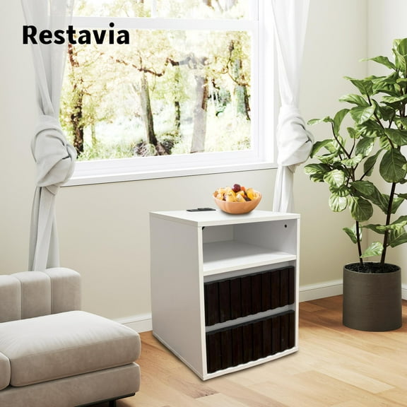 Restavia Night Stand with Charging Station,Fluted Bedside Table with 2 Drawers Storage, Wood Modern Nightstand with Open Shelf, Curved Profile Design, End Table for Bedroom Living Room Office, Oak