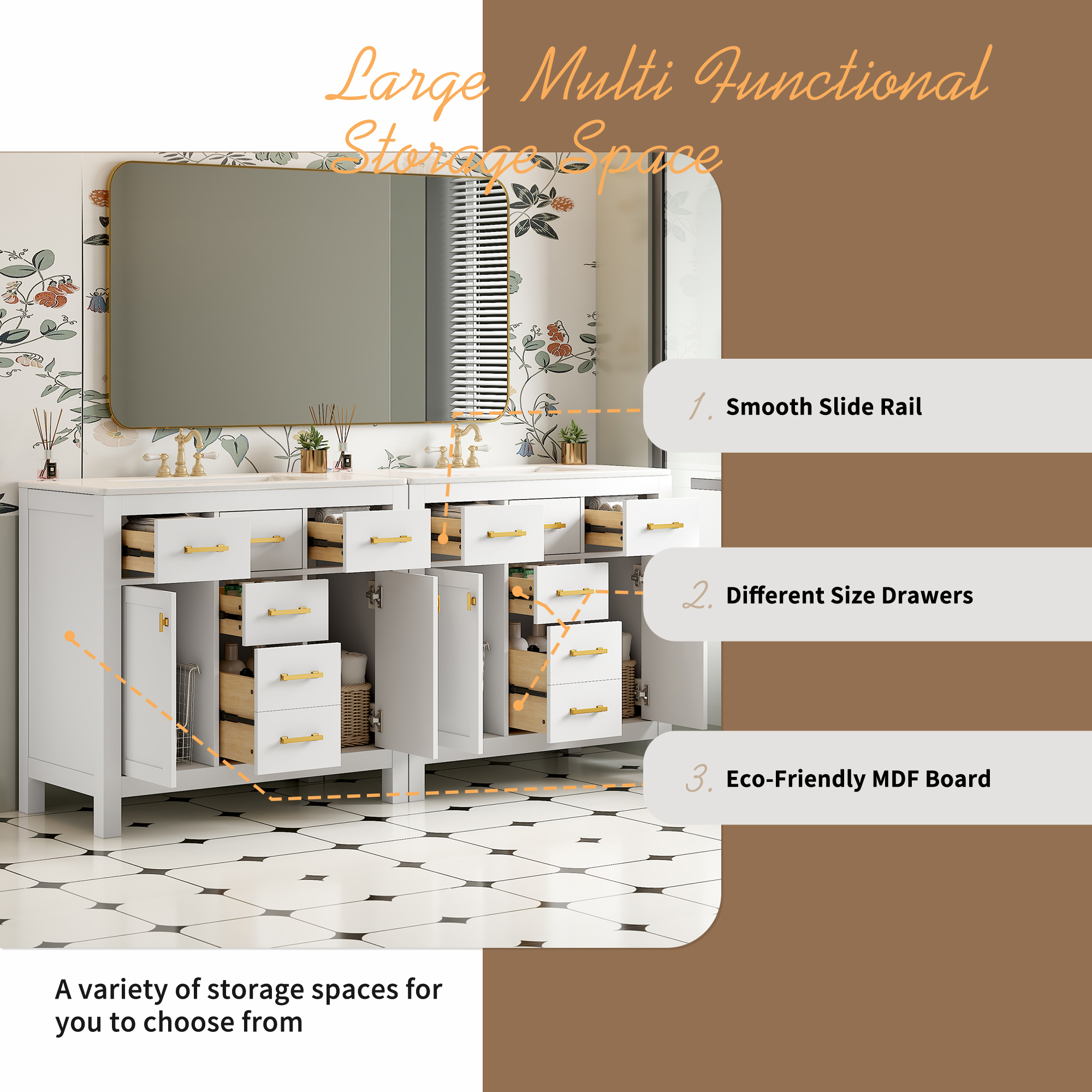 Euroco 72'' Bathroom Vanity with Ceramic Sink Combo Set, Modern Freestanding Single Bathroom Cabinet with 4 Drawers & 2 Cabinets,Storage Cabinet for Bathroom