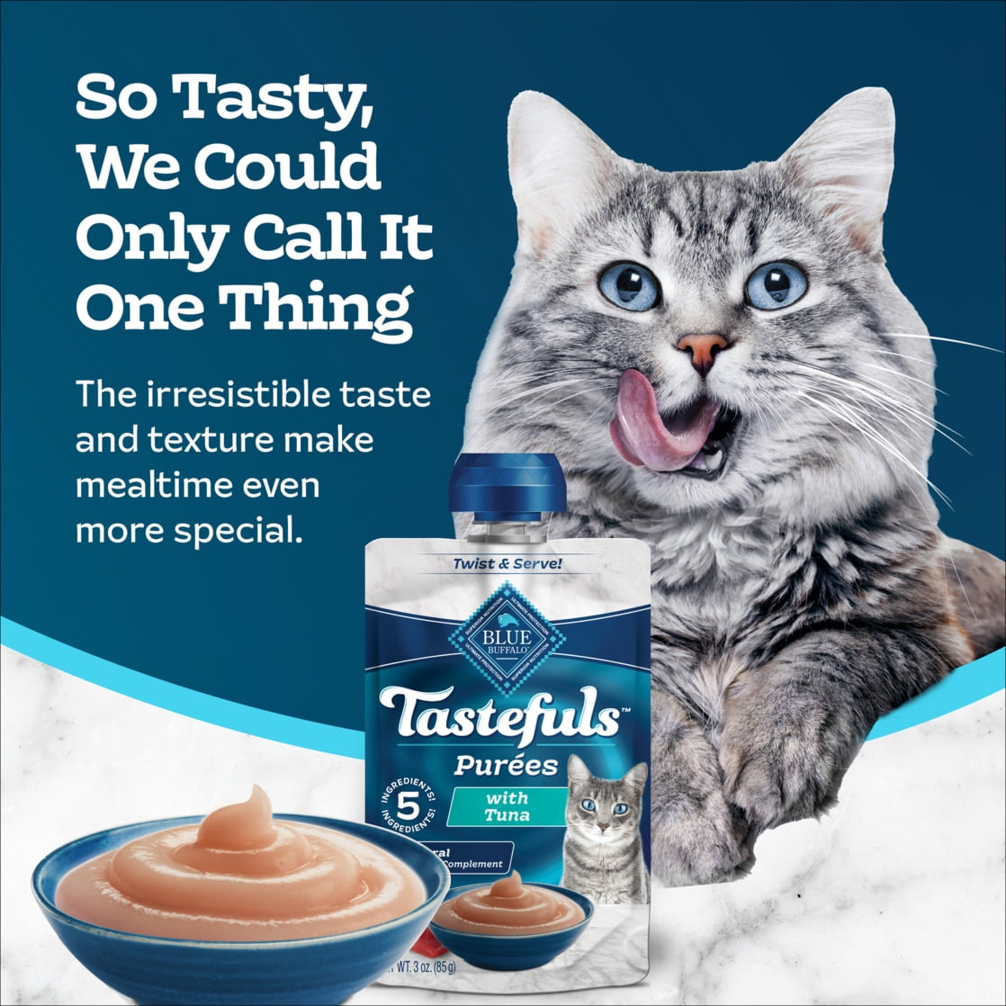 (12 pack) Blue Buffalo Tastefuls Adult Cat Natural Purées, Tuna 3-oz Resealable Twist Cap Pouch