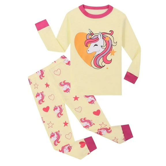 WIBACKER 2 Pieces Pajamas for Girls 100% Cotton Kids Sleepwear Fall Winter - Yellow Unicorn 8 Years