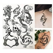 Temporary Tattoos for Adult Women - 3 Sheets - Black Big Ying and Yang Koi Fish Kanji Love Skeleton Heart Hand Skull Lotus Sleeve Adults Tattoo