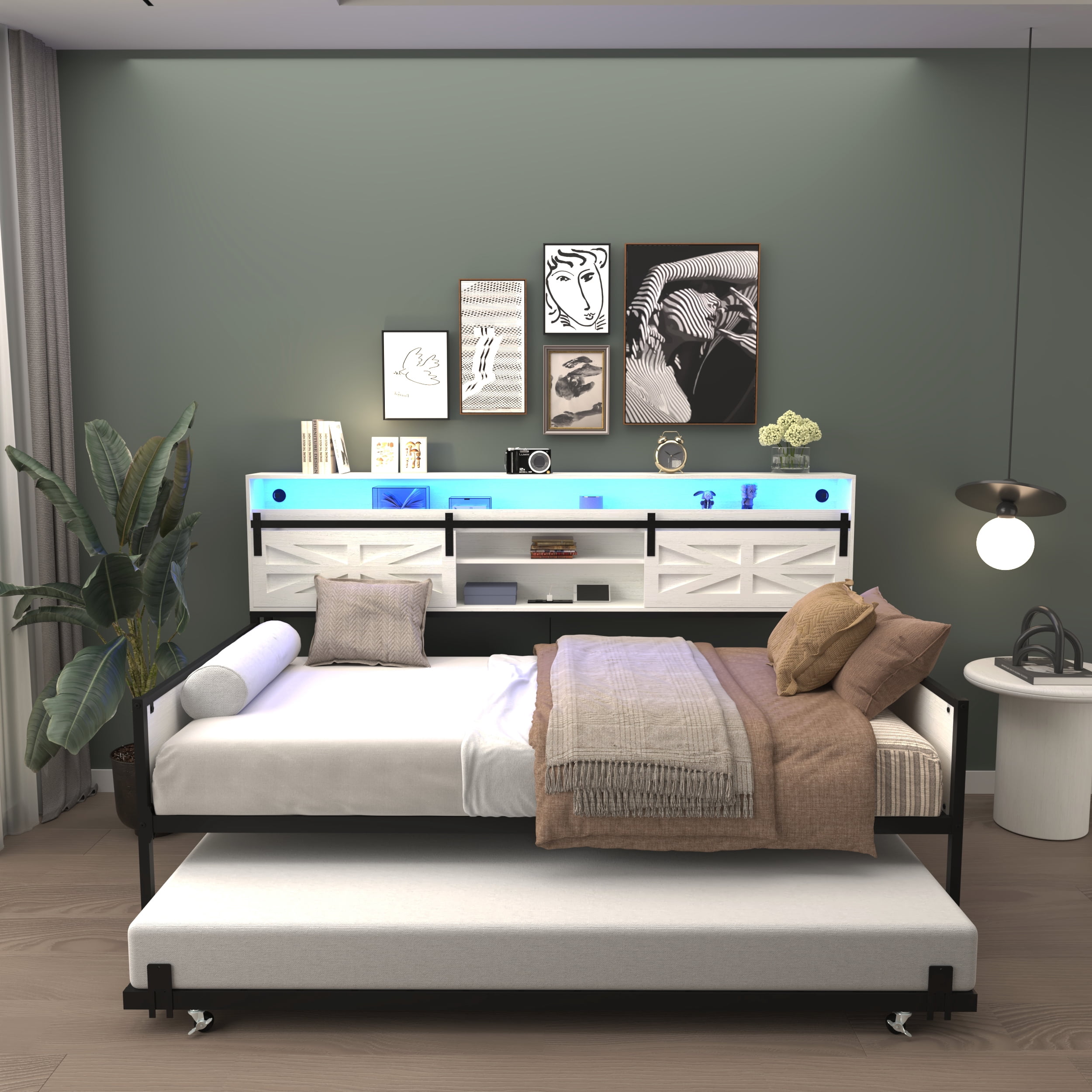 Mintazer Farmhouse Twin Bed Frame with Trundle & RGB LED Headboard, Platform Daybed with Sliding Barn Door Storage for Bedroom & Living Room, White