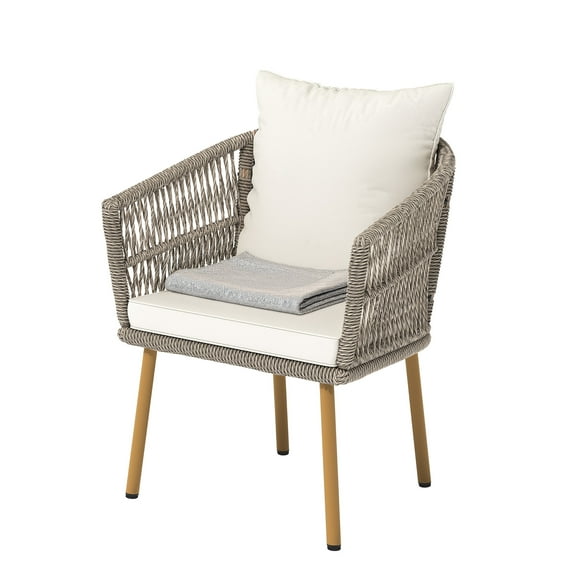 Dextrus Wicker Outdoor Dining Armchair with Cushion,Single Sofa Bistro Chairs - Beige