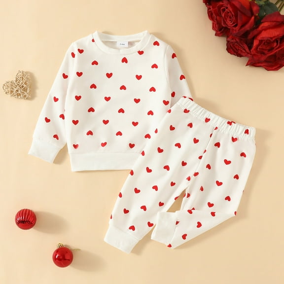 SNKSDGM Girls Toddler Spring Outfits for Girls 2T Birthday Girl Outfit 1 Year Old Romper Toddler Girls Valentine's Day Long Sleeve Hearts Printed T Shirt Pullover Tops Pants Outfits 6-12 Months