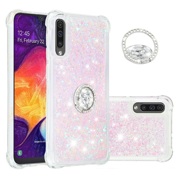 Funda para Samsung Galaxy A30/A50/A50S con Brillo Líquido Flotante, Purpurina, Parachoques y Anillo Giratorio Soporte