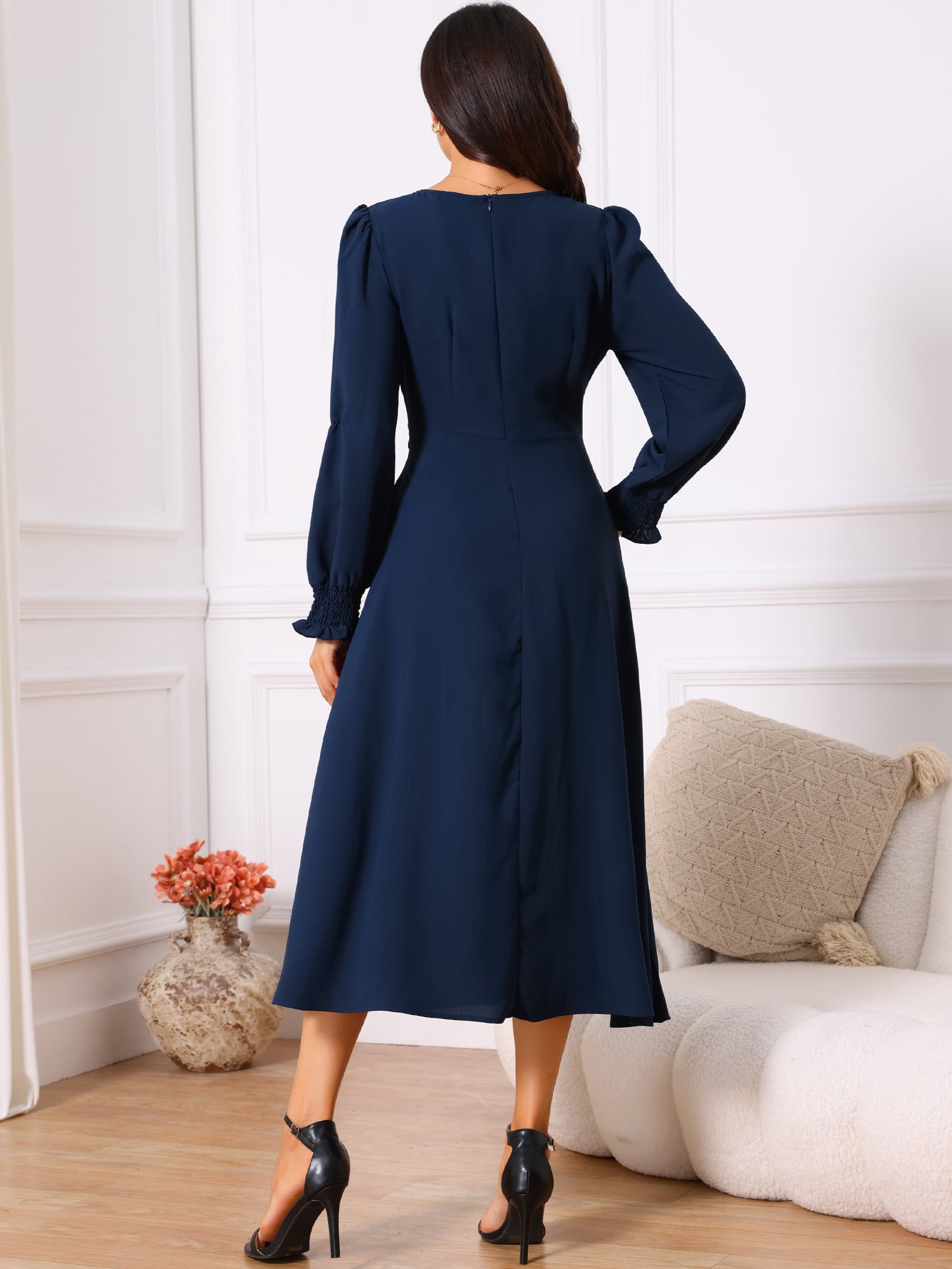 DARING DIVA Frilled Crewneck Long Sleeve Midi Fall Dress XL Dark Blue