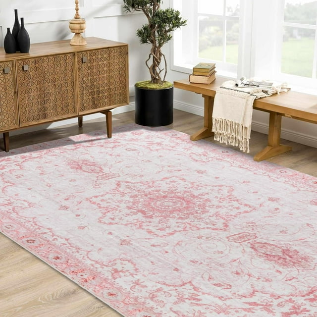Area Rug x Washable Pink Rug Honeycomb Non Slip Retro Rugs Soft Faux Wool Carpet Foldable & Machine Washable Rugs for Living Room Bedroom Dining Room Kitchen