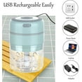thumbnail image 3 of Mini Electric Kitchen Blender, USB Rechargeable Electric Chopper, 250ml+100ml Double Cup Pesto Blender for Garlic, Onion, Meat (Blue), 3 of 5