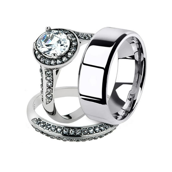 His and Her 3pc Stainless Steel 2.60 Ct Cz Bridal Ring Set and Men Beveled Edge Band Women's Size 10 Men's 06mm Size 11
