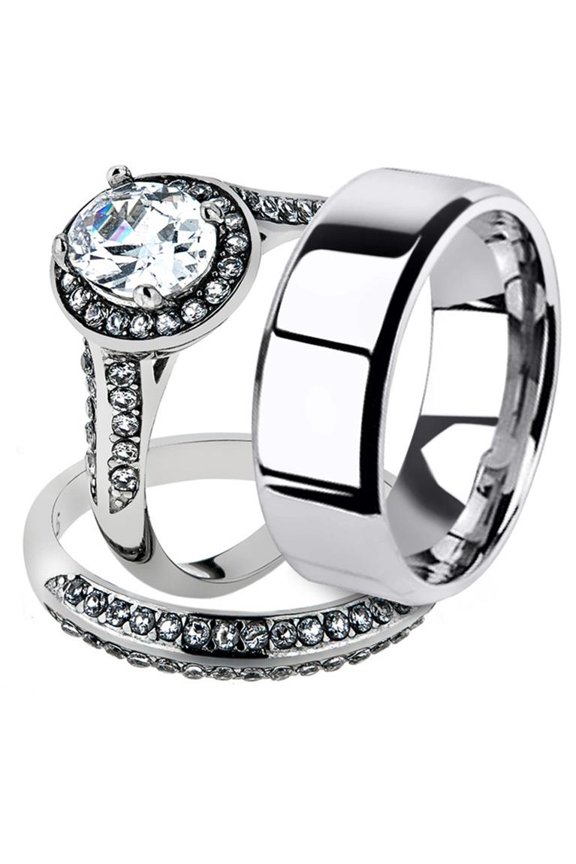 His and Her 3pc Stainless Steel 2.60 Ct Cz Bridal Ring Set and Men Beveled Edge Band Women's Size 10 Men's 06mm Size 09