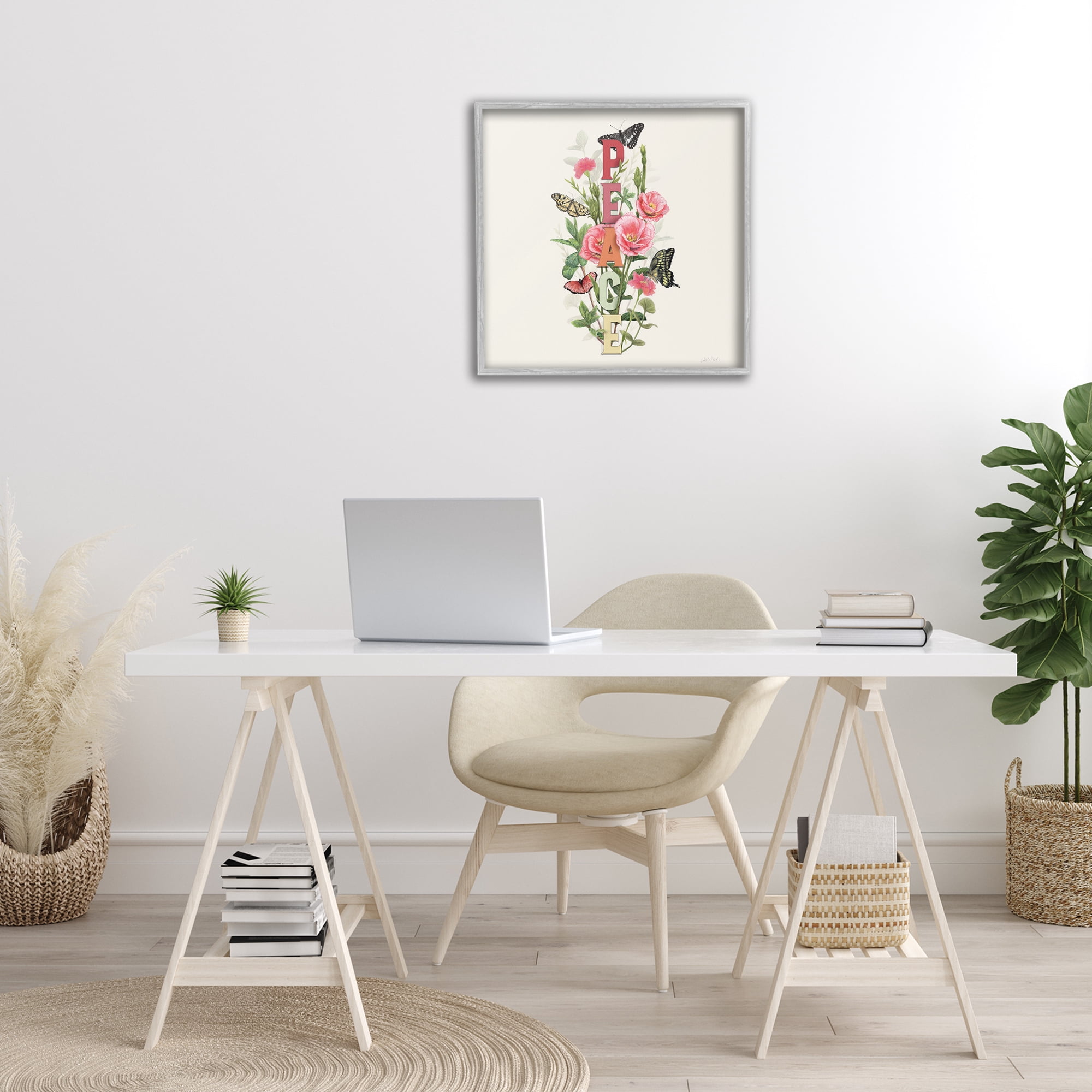 Stupell Industries Peace with Butterflies Botanical & Floral Painting Gray Framed Art Print Wall Art, 24 x 24
