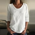 thumbnail image 2 of Women Solid Color Fringed Cotton Linen Crew Neck Three Quarter Sleeve Top, 2 of 5