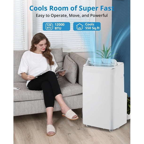 Historyli Aire acondicionado portátil de 12 000 BTU, 3 en 1, silencioso, con control remoto y temporizador para 550 pies cuadrados
