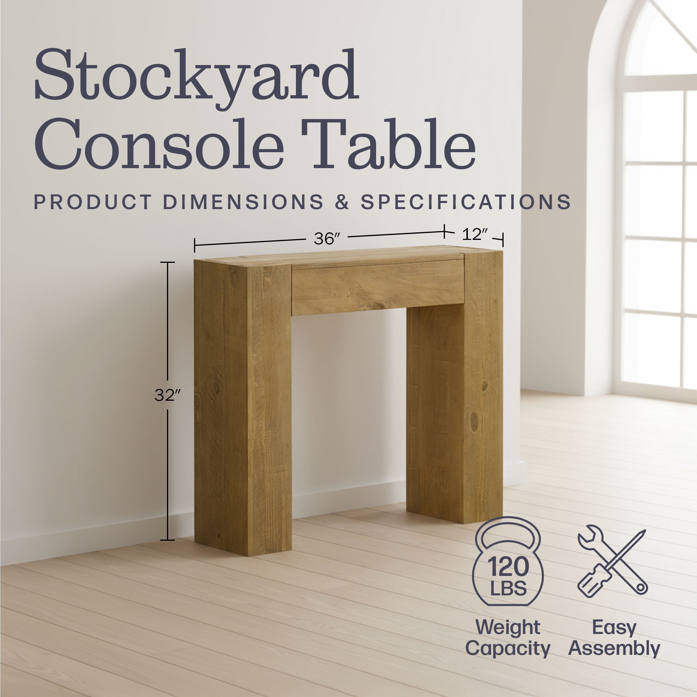 Alaterre Furniture Stockyard Solid Wood Console Table - 36in Modern Farmhouse Entryway Table, Oak