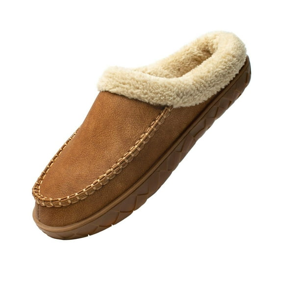Needbo Men's Moccasin Slippers Faux Leather Fuzzy Lined House Shoes Warm Memory Foam Indoor Outdoor Brown, Size 13-14