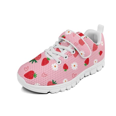 Wismoutput Strawberry Pattern Velcro Sneakers for Kids Girls Breathable Comfortable Sports Shoes Easy to Wear Size 11-15