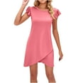 thumbnail image 2 of Sakmal Maxi Sun Dresses for Women 2024 V-Neck Pink Solid Ruffle Short Sleeve Asymmetrical Shift Dress, 2 of 7