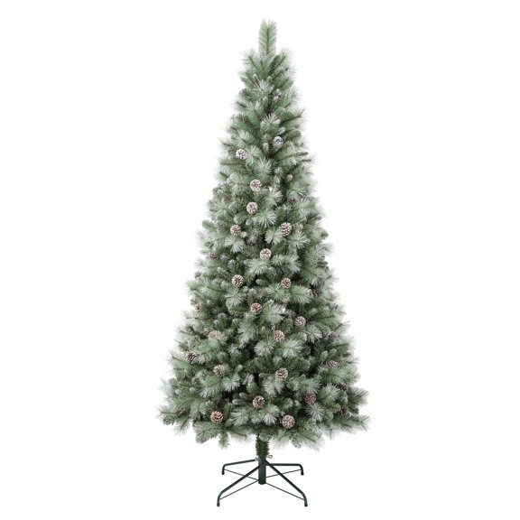 National Tree Company Artificial Christmas Tree, Green, Perry Hard Needle Mixed Pine, White Spayed Tips, Pine Cones, Includes Stand, 7.5 Feet