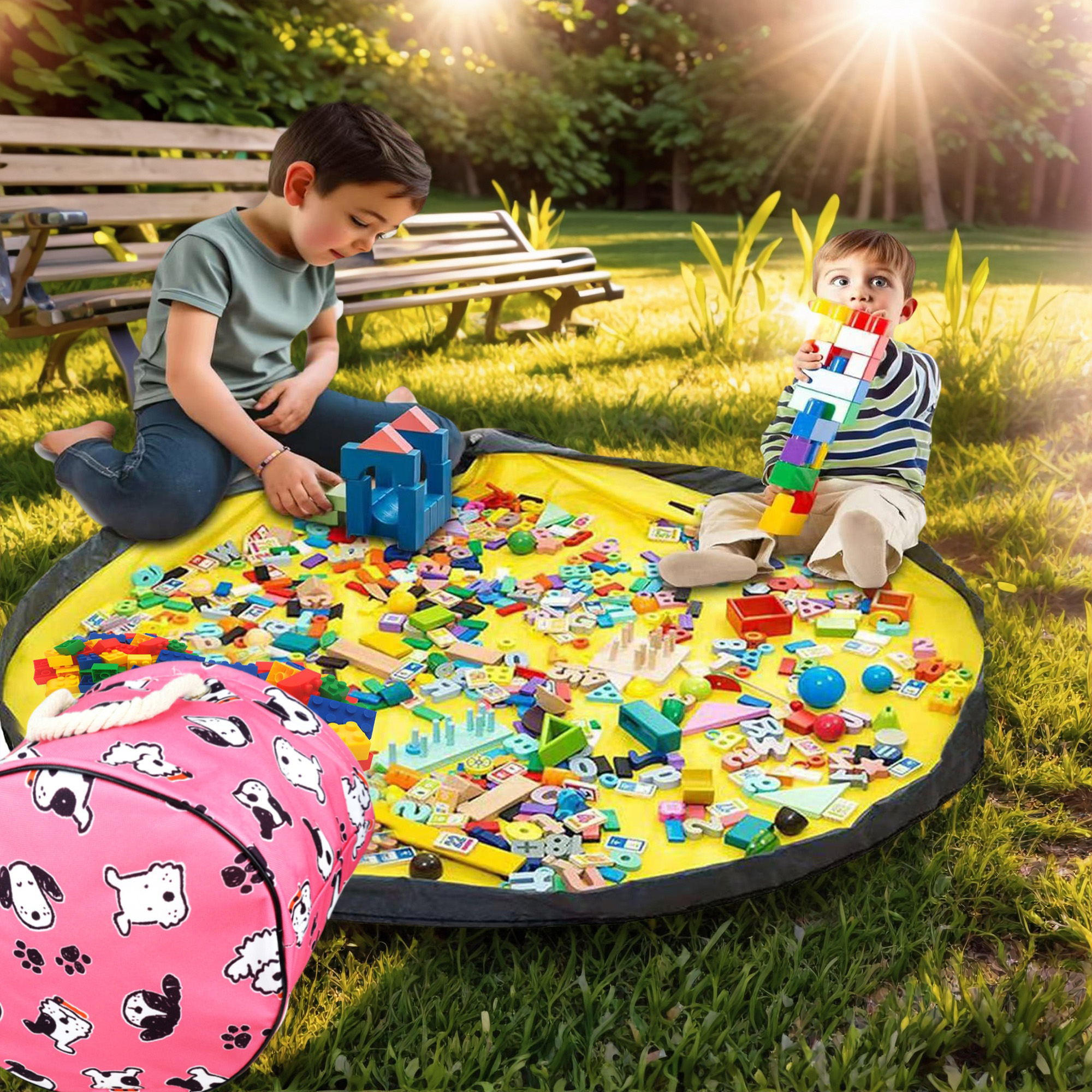NIETEIN Kids Toy Storage Basket with Play Mat for Building Bricks Collapsible Canvas Organizer Bag (Pink Dog)