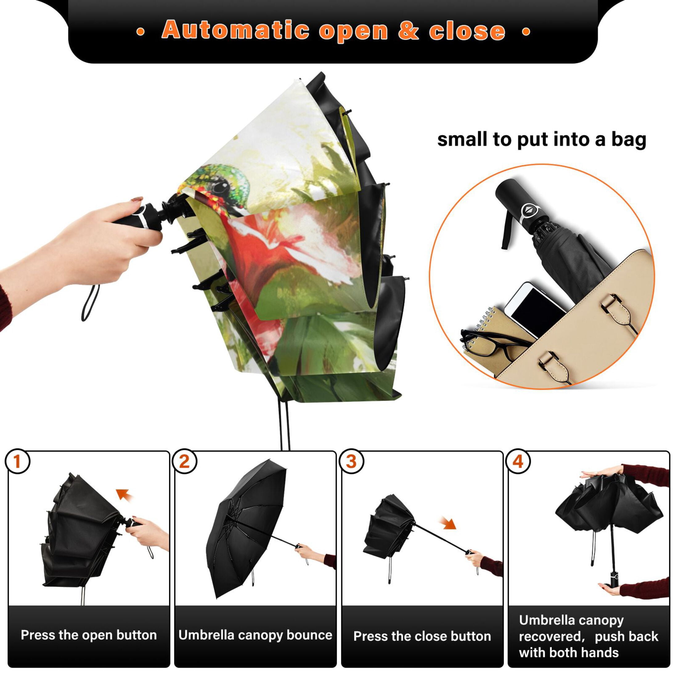 Hummingbird and Hibiscus Extra Large Automatic Umbrella, UV Protection, Waterproof, Auto Open and Close