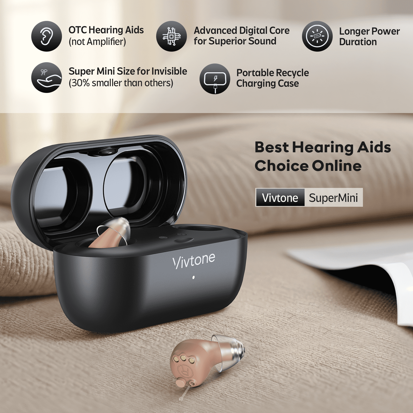 Vivtone Advanced Digital OTC Supermini Hearing Aids, Rechargeable, Completely-in-the-Canal, for Seniors Adults, Pair