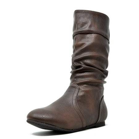 

Dream Pairs Girl s Kid s Cute Zipper Flat Heel Mid Calf Boot Shoes BLVD-K BROWN/PU Size 5