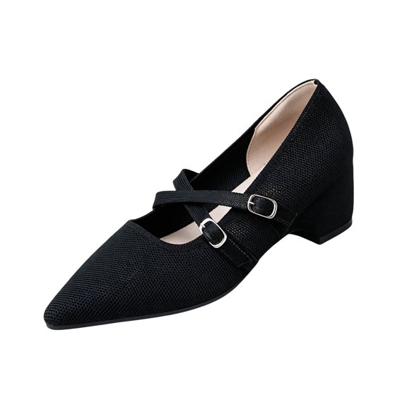 QWKLEAJ Women’s Casual Shoes Mary Jane Cross Strap Pumps, Breathable Knit Mesh Pointed Toe Block Heel Slip On Dress Shoes for Office Wedding Daily Walking Footwear Black 5