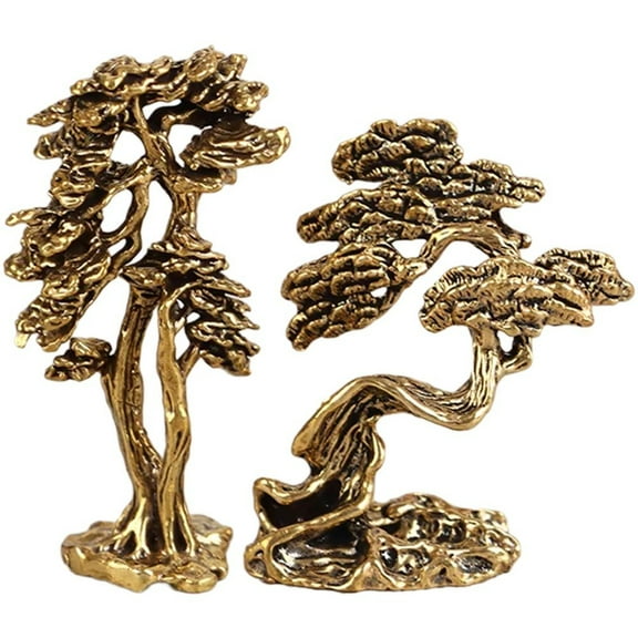 Hzzsbu Brass Pine Tree Figurine, Mini Welcome Bonsai Statue for Home & Office Landscape Ornament