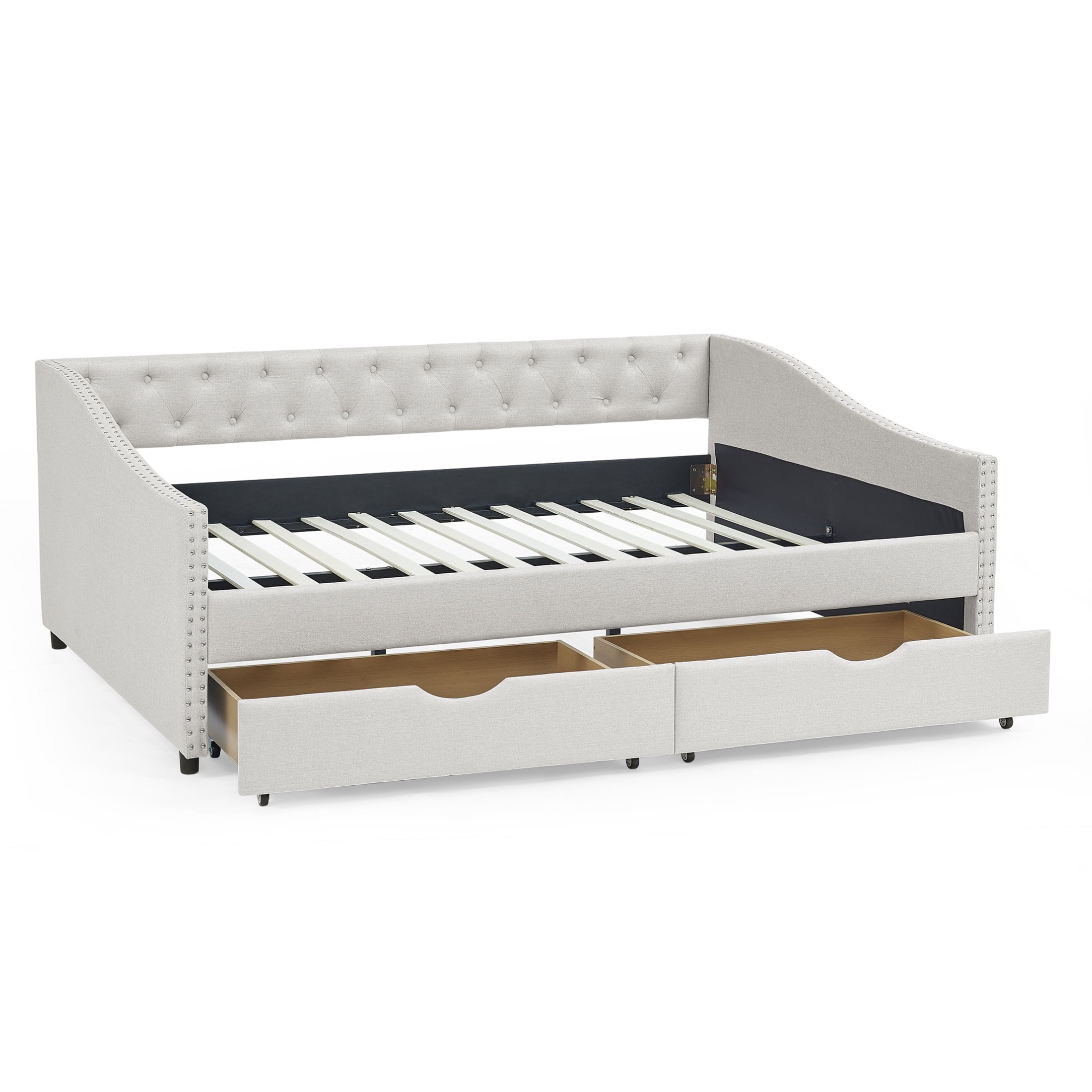 Noble House Full Size Button Tufted Daybed, Linen Sofa Bed Frame with Storage Drawers and Nailhead Waved Arms, Beige