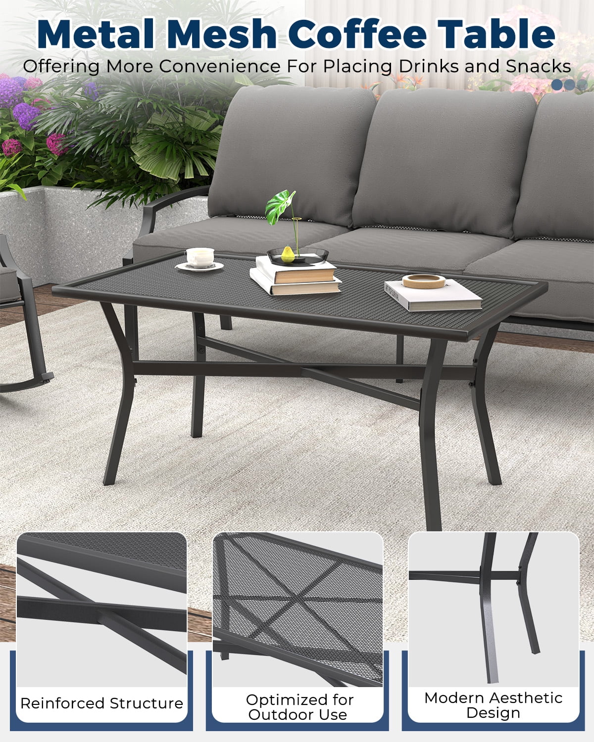 AECOJOY Outdoor Patio Furniture Set with Rocking Chair,Metal Mesh Patio Conversation Bistro Set with Coffee Table for Porch Deck Backyard Garden