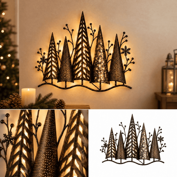 Glowing Wall Art,Vintage Lighted Metal Christmas Tree Wall Decor,Warm LED Backlit Winter Forest Wall Art,Rustic Cutout Christmas Wall Hanging Ornament for Mantel, Holiday Home Decor & Gift