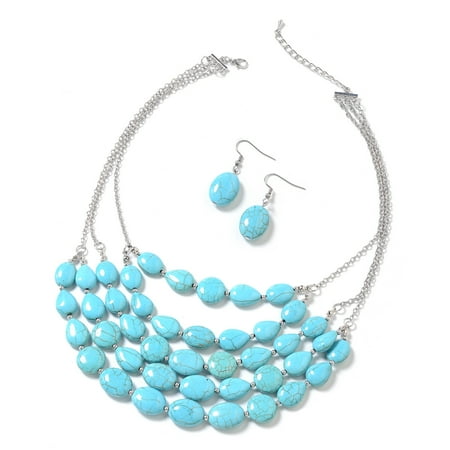 Drop Beaded Necklace Multi Color - Mix Metal Silvertone Oval Blue Howlite Earrings Necklace 18