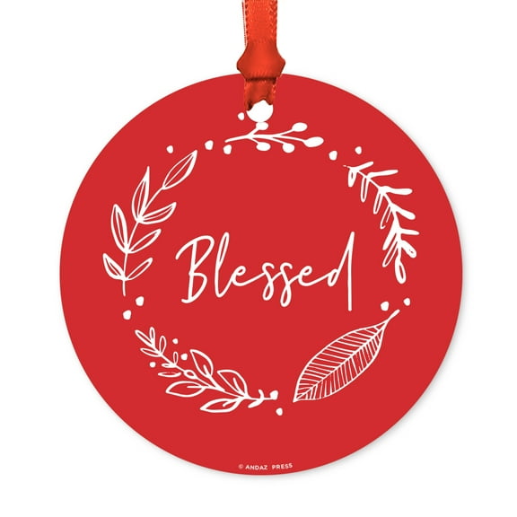 Elegant Scripted Calligraphy Round Metal Christmas Ornament, Blessed, Includes Ribbon and Gift Bag