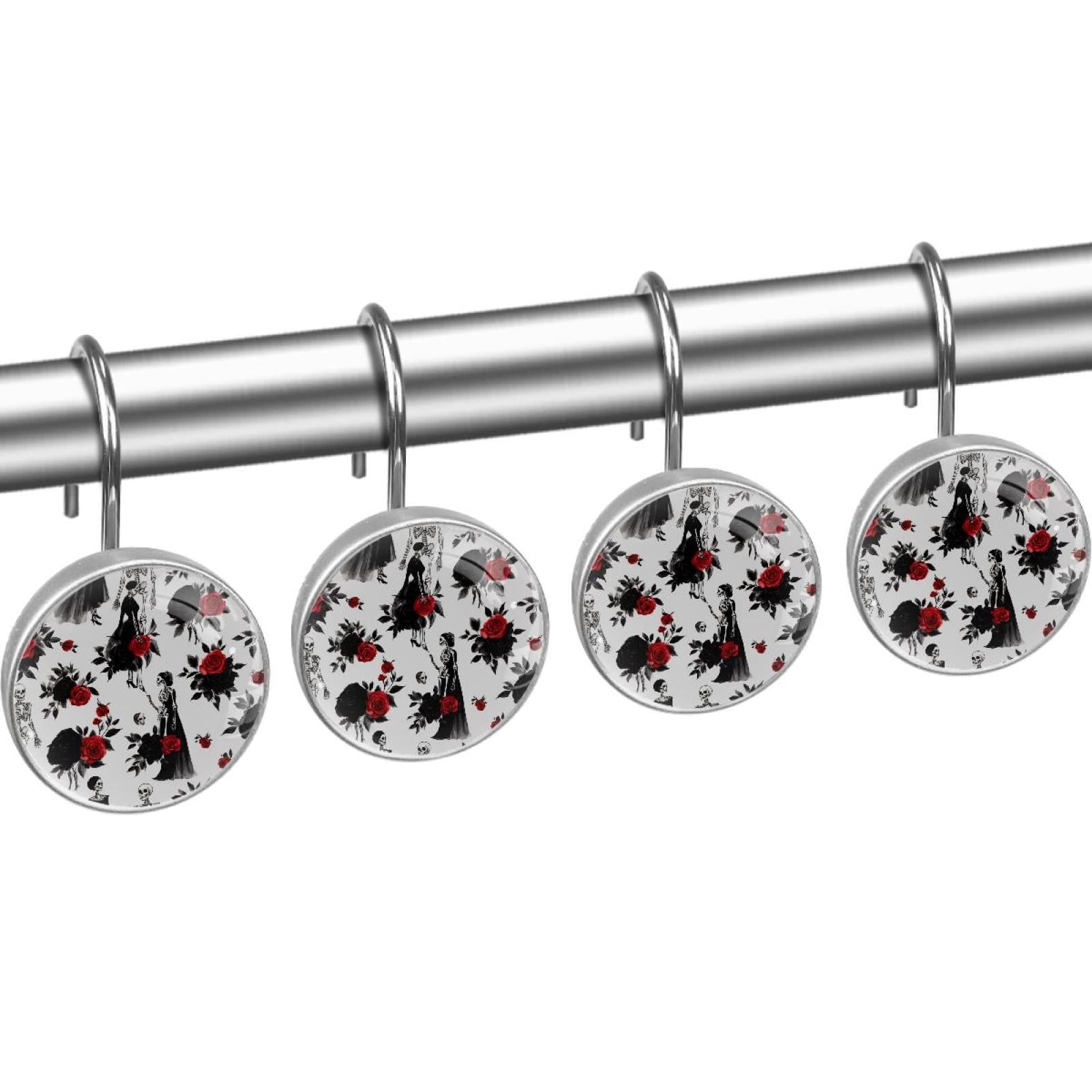 Black Dress Skeleton Brides and Groom Shower Curtain Hooks Round Crystal Glass, Set of 12 Shower Curtain Rings - Shower Hooks for Curtain Shower Rings