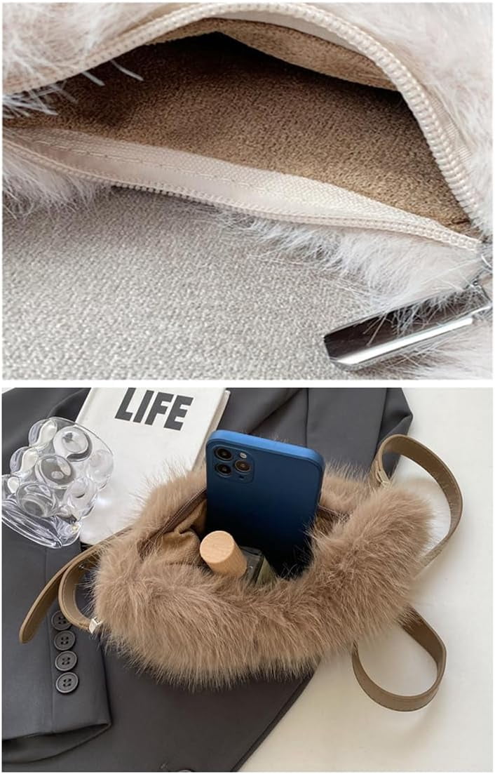 Women Small Faux Fox Fur Clutch Bag Mini Furry Evening bag Plush Shoulder Bag Crossbody Bag Hobo Bag Handbag