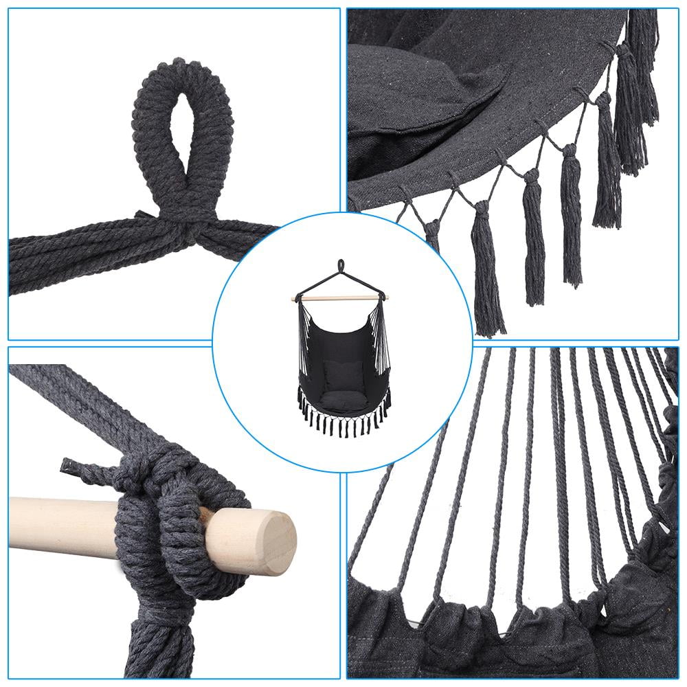 Ktaxon Hanging Hammock Chair with 2 Cushions, Anti-Slip Spreader Bar for Indoor & Outdoor, Black