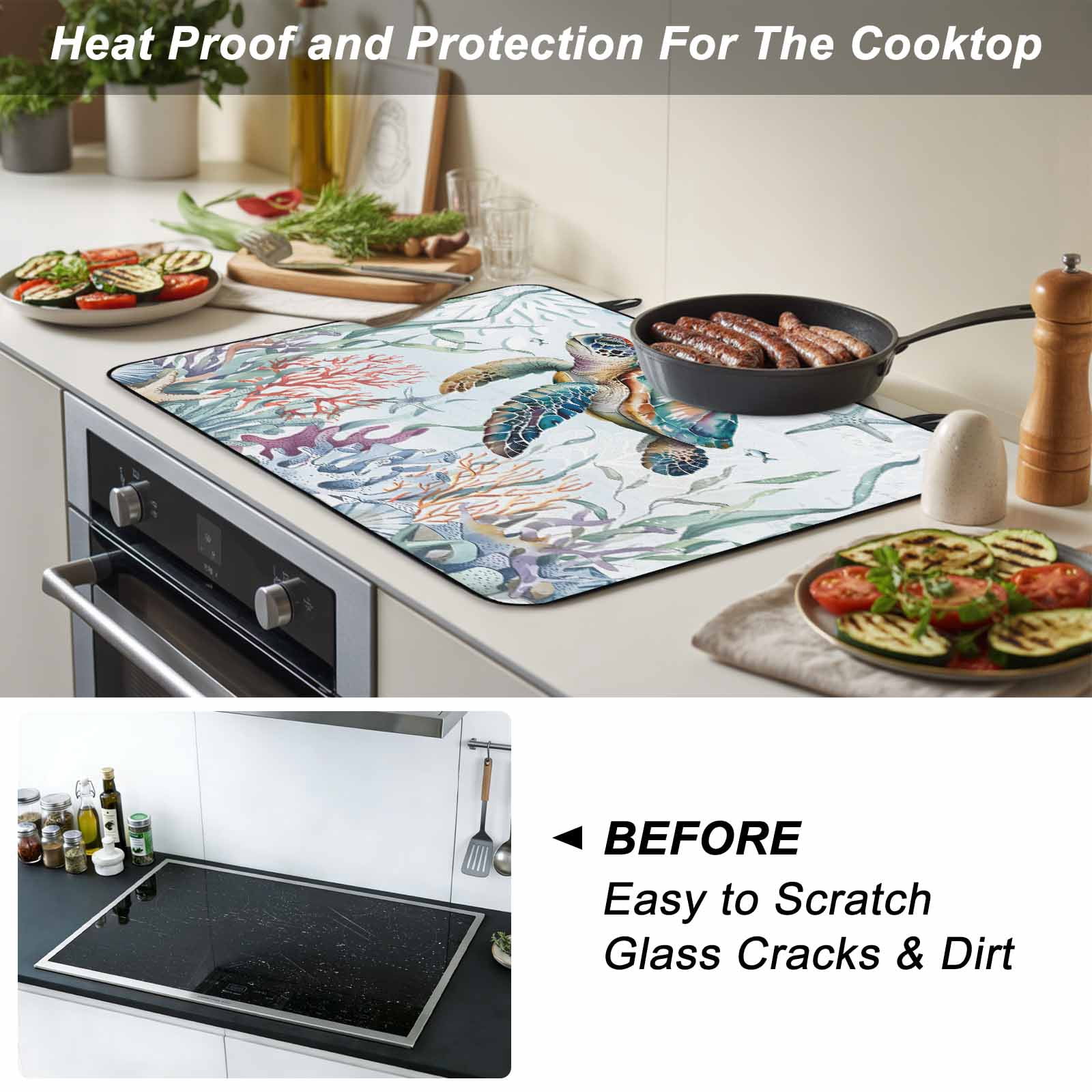 Sea Turtle Coastal Stove Top Cover for Electric Stove, Heat-proof & Non Slip Glass Top Stove Cover Protector, Summer Beach Coral Ocean Seaweed Kitchen Flat Cooktop Rubber Mat 36x21 Inches