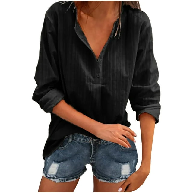 Birdeem Women Solid Color Tops Button V Neck T-Shirts Blouse