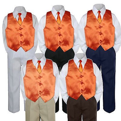 

4pc Boy Suit Set Orange Necktie Vest Baby Toddler Kid Formal Pants S-7