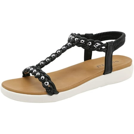 

CoCopeaunts Women\‘s Bohemia Flat Sandals Fashion Summer Beading Braided Thong Sandal Outdoor Elastic Ankle Strap Dressy Sandal
