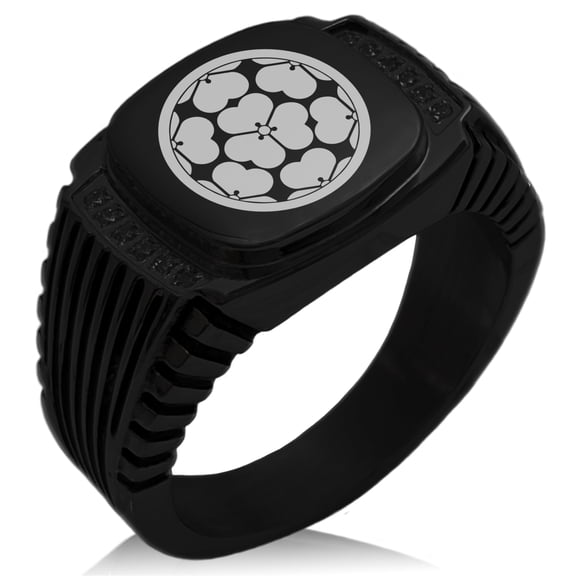 Stainless Steel Chosokabe Samurai Crest CZ Ribbed Needle Stripe Pattern Biker Style Polished Ring