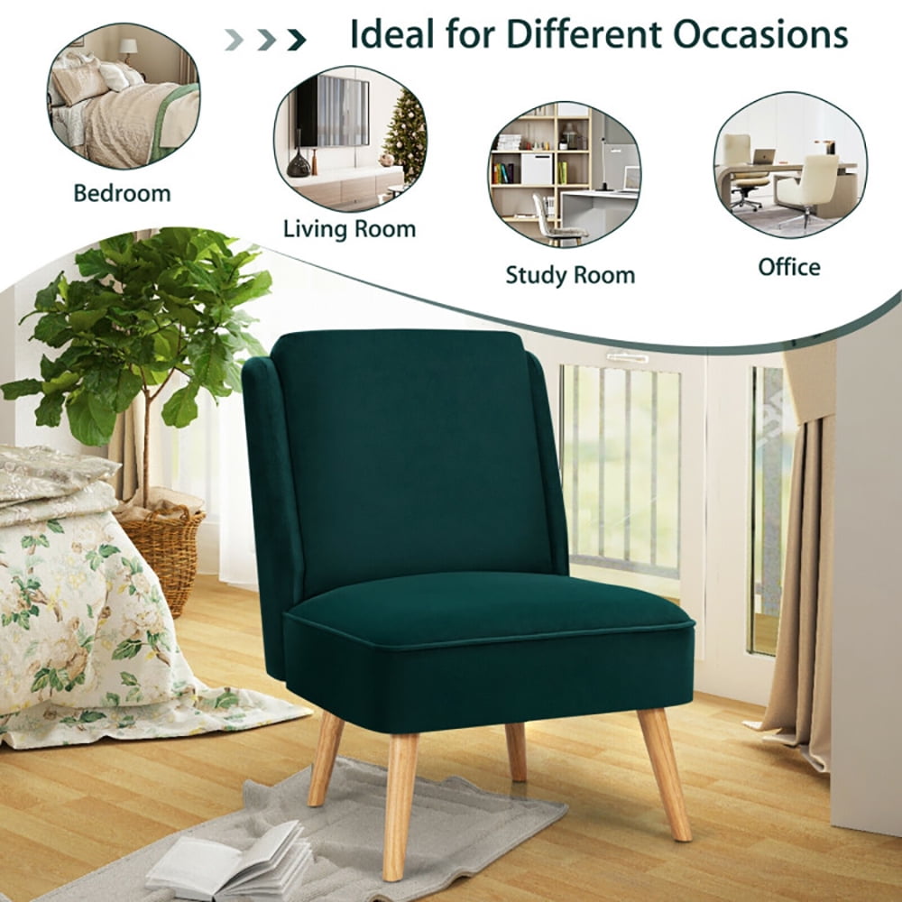 Finihen Velvet Accent Chair, Velvet Accent Armless Side Chair with Rubber Wood Legs, for Living Room, Bedroom, Green